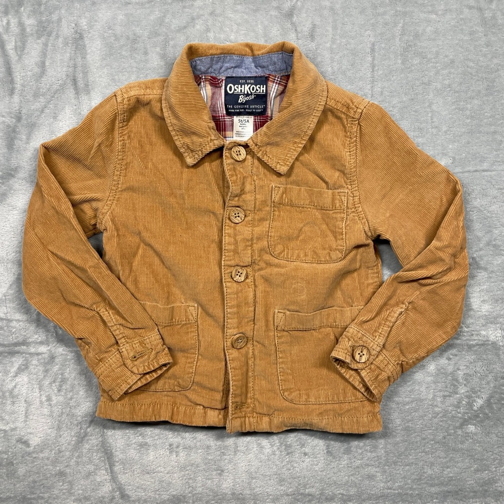 OshKosh B'gosh Corduroy Jacket Toddler 5T Brown Button Front Plaid Lined Chore